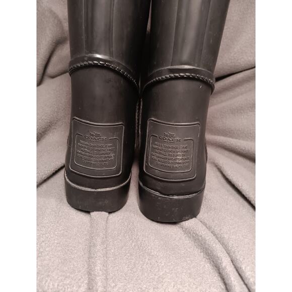 Coach Tristee Matte Black Rubber Mid‑Calf Rain Boots Laced Back Detail US 9B - Picture 3 of 8